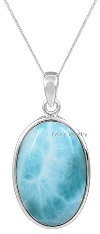 Halskette aus echtem 925er Sterlingsilber für Frauen, echter blauer Larimar-Cabochon, ovaler Edelstein, erstaunliche handgefertigte Halskette, Geschenk für Sie