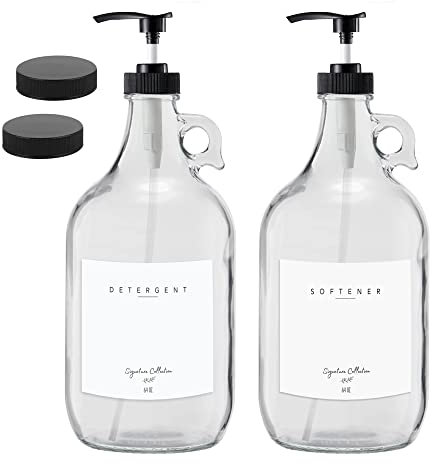 Black Commercial Liquid Laundry Dispenser - Two Half Gallon Glass Jugs for Fabric Softener, Liquid Soap and Bleach - 64 oz