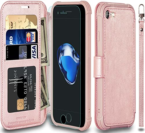 VANAVAGY Compatible iPhone 7/8/se Wallet Case,Leather Flip Folio Shockproof Phone Cover [Screen Protector Included][Support Wireless Charging]with RFID Blocking Card Holder, Rose gold