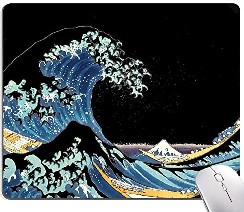 Tapis de souris japonais motif vagues de mer, tapis de souris carré imperméable et antidérapant avec base en caoutchouc