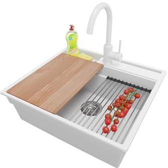 PRIMAGRAN Granitspüle ab 60er Unterschrank + Küchenarmatur, 58x53cm | Set: Küchenarmatur BW5010 + Ablauf-Set (Siphon, Ablaufgarnitur, Überlauf) + Spülbecken 1 Becken - Oslo Pocket, Weiß