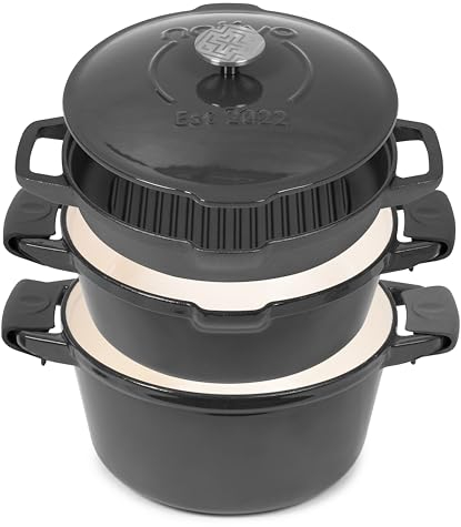 NATIVO 5 pc Stackable Cast Iron Cookware Set, Versatile Enamel Dutch Oven, Seasoned Grill Pan & Enamel Braiser with Precision Pour Spouts, Universal Lid, Included Spacers/Handle Holders, Stormy Grey