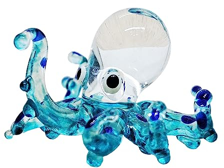 WitnyStore Winzige 2,5 cm große Oktopus-Figur mit Punkten, durchsichtig, blau, Miniatur, mundgeblasen, Glas, Tintenfische, Tintenfische, Meeresmollusken, bunte Kristall-Meerestiere, dekorative