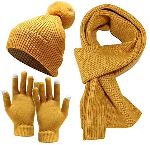 Mutze Schal Set Damen Rot, Strickmütze Wintermütze Schal Set Beanie Gestrickt Fleece Bommel Touchscreen Handschuhe Set Winterschal Kombi Set Loop Grobstrick Schal Damen Geschenk Winterzubehör