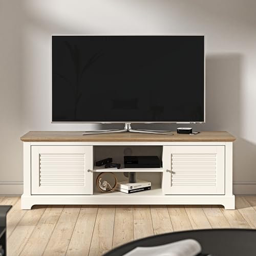 Galano Milan 150cm TV Stand – Fits up to 65 TVs, 2-Door Cabinet with Large Storage, Engineered Wood in Ivory/Oak Finish