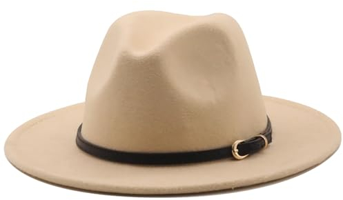 HEYANN Fedora Hut mit breiter Krempe - Filzhut mit Gürtelschnalle - Unisex Trilby-Hut für Damen und Herren (M, Beige)