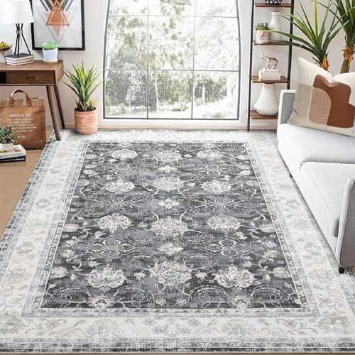 LuxFocus Waschbarer Teppich für Wohnzimmer, 120 x 170 cm Orientalischer Anti Rutsch Teppich Used Look Niedriger Flor Retro Vintage Bereichsteppich für Schlafzimmer Esszimmer Heimbüro, Dunkelgrau