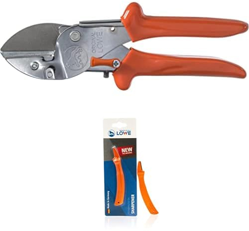 Original LÖWE Set bestehend aus Profi Amboss Gartenschere 2.104 für Schneidarbeiten an Obstbäumen & Klingenschärfer 0022 für Gartenscheren und Industriescheren