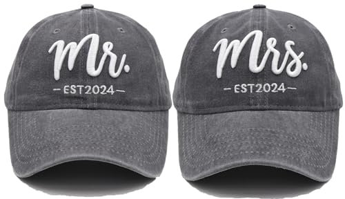 Mr and Mrs EST 2024 Hüte für Herren und Damen, Brautpaar Mützen, 3D-Stickerei, Baseballkappen-Set, Hochzeitsgeschenke für Paare, Mr & Mrs. Mütze Est 2024, Grau, Einheitsgröße