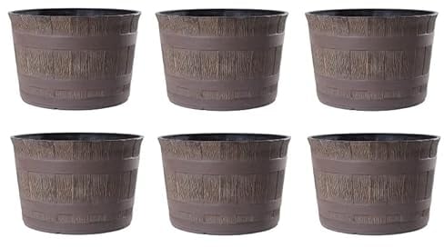Jinfa 6er-Set Miniteich Pflanzkübel aus Kunststoff in Weinfassoptik bottich Blumenkübel | Farbe: Eiche | Design: Barrique | Ø 36 cm