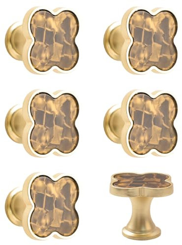 MOROBOR 6 PCS Four-Leaf Clover Handle, Creative Cabinet Drawer Pulls Multifunctional Single Hole Zinc Alloy Knobs for Dresser Wardrobe Door Furniture Accessories/Gold Base with Aurora Brown Surface