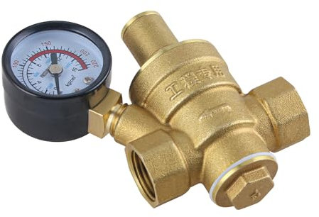 ONLISUM Reductor de presión de agua con manómetro, reductor de presión de agua de 1/2 pulgadas con manómetro DN15 para válvula de sobrepresión de agua