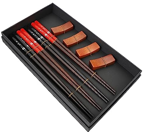 TOPBATHY Palillos y Reposapalillos De Madera Alimentaria, Juego 4 Pares 4 Soportes, Diseño Japonés Negro y Rojo , Reutilizables, Ligeros y Portátiles Para Uso Diario y Viajes