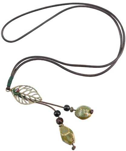 FERCAISH Lang Keramik Perlenkette, Modeschmuck Kette, Retro Lederkette, Grün Pullover Kette, für Frauen Damen Mädchen Hochzeit Valentinstag Jubiläum