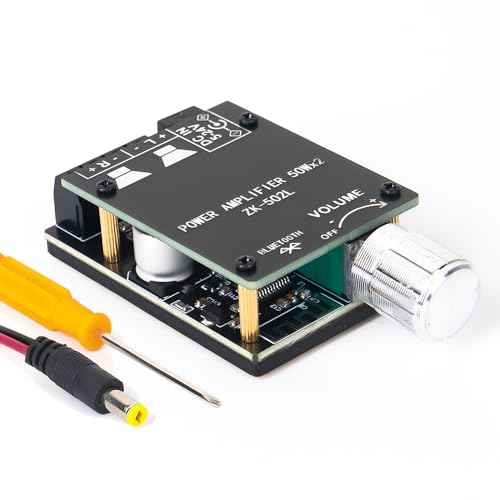 SCOOYUCK 2×50W Module Bluetooth 5.0, Mini Ampli Bluetooth, Audio Stéréo 5V-24V, Contrôle de Volume Rotatif, Alimentation Stable de 470uf pour Les Amateurs de Bricolage