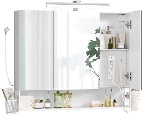 VASAGLE Badezimmerschrank mit 3 Türen, Spiegelschrank, Wandschrank, Steckdosen, Hängekorb, Haartrockner-Halter, viel Stauraum, für Badezimmer, 16,5 x 90 x 75 cm, wolkenweiß BBK136W01
