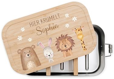 wunderwunsch® - Personalisierte Brotdose für Kinder - Robuste und Individuelle Edelstahl Brotdose mit Namen - Personalisierte Geschenke für Kinder (klein Edelstahl,Tiere unten Blumen)