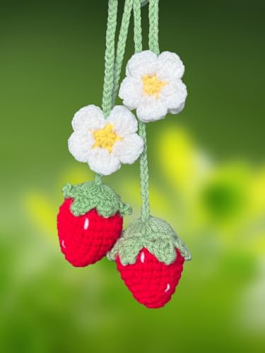 KIAYOO Autospiegel Anhänger Gestrickte Erdbeere, Auto Deko Süße Rückspiegel Hängedekoration, Auto Zubehör Innenraum Geburtstags Weihnachts Neujahr Geschenk für Teenager Mädchen Frauen Freunde