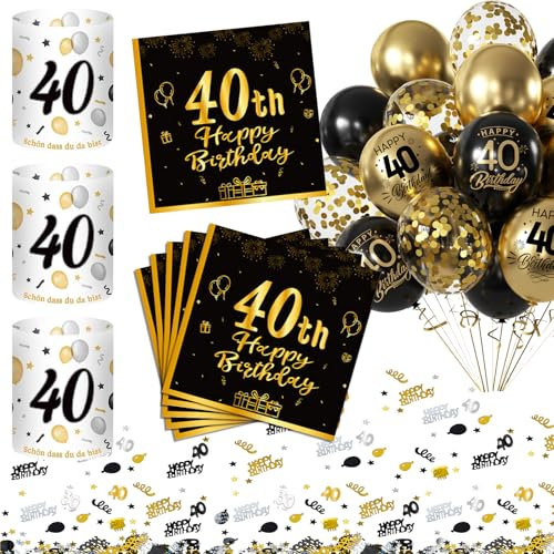 Sancuanyi 40 Geburtstag Deko Männer,40.Geburtstag Deko Frauen,Tischdeko Servietten Schwarz Gold,Konfetti Set,Windlicht Tischdeko 40th Anniversary,Schwarz Gold Luftballons Decoration