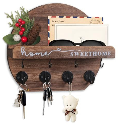Porta Chiavi Da Muro Con Fiori Secchi in Legno - Appendi Chiavi Orbicolare Adatto Per Ingressi, Ripostigli, Corridoi, Cucine E Uffici (Marrone)