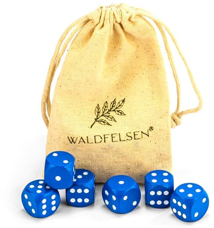 Waldfelsen 6, 12, 20, 30 oder 50 hochqualitative Holzwürfel aus echtem Buchenholz Augenwürfel Spielwürfel aus Holz in 16 mm Standardwürfel mit Stoffbeutel Würfelset (Blau, 6 Stück)