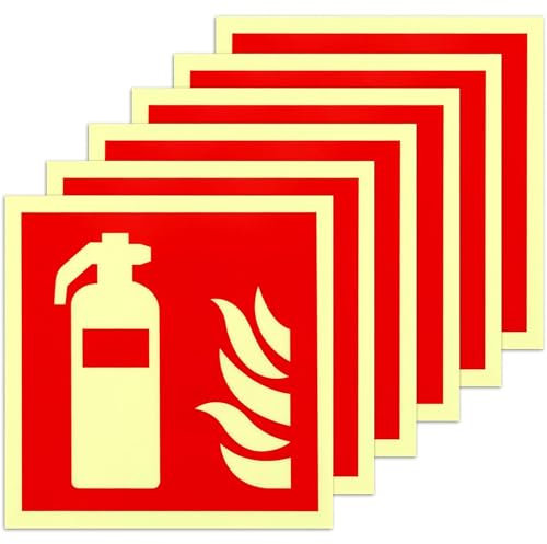 6 Stück Feuerlöscher Schild, 15x15 cm – Selbstklebende PVC Nachleuchtend Brandschutzzeichen, Sicherheitsmarkierung für Büro, Haus, Baustelle, Auto – ISO-konforme Feuerlöscher Aufkleber