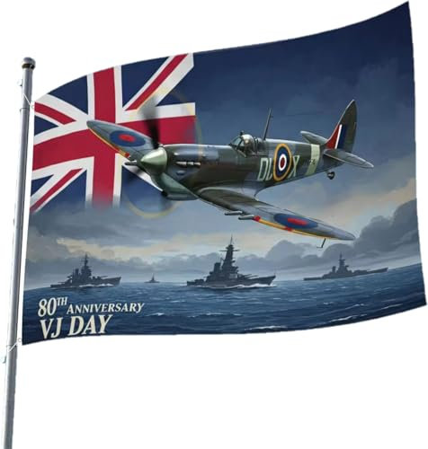 2025 VE Day 80th Anniversary 0,9 x 1,5 m bandiera decorazioni memorabilia 80 anni vittoria in Europa, decorazioni patriottiche Spitfire per la vittoria in Europa RAF WW2 1945