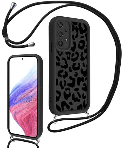 Xylota Coque avec Cordon pour Samsung Galaxy A53 5G 6,5'', Aesthetic Etui avec Réglable Collier Souple Silicone Protection Bumper Case avec Motif, Lanyard Antichoc Housse pour Samsung A53 5G,Léopard
