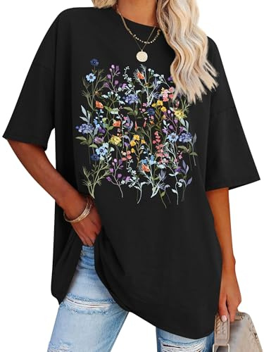 Dresswel Oversized T Shirts for Women Wildflowers Loose Tshirt Summer Tops | Womens T-Shirt Botanical Floral Graphic Print Crew Neck Short Sleeve Tees Oversize Tshirts for Gardener Lovers