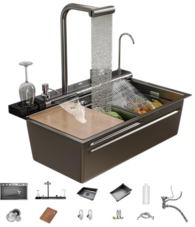 Dual Waterfall Kitchen Sink,Modern Kitchen Sink with Soap Dispenser,Stainless Steel Digital Smart Sinks with Pull-Out Faucet Single Bowl Workstation Sinks with Honeycomb (80 x 46 CM)