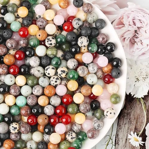 HERZONE 200pcs Edelsteine perlen zum Auffädeln ca.8mm Kristalle Perlen Naturstein Perlen für DIY Armband Halskette Schmuckherstellung (bunt A-200pcs)