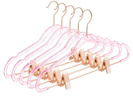 MIZGI Slim Rose Gold Glitter Pants & Skirt Hangers (20 Pack) - Adjustable Rose Gold Clips & Hooks, Pink Transparent Non-Felt, Space-Saving for Dresses, Shirts, Blouses