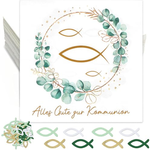 HUKUMA 40 Stück Servietten Kommunion + 80 Holzfische Streudeko, Konfirmation Deko Junge Mädchen Eukalyptus Grün,Gastgeschenke Tischdeko für Taufe, Kommunion, Konfirmation und mehr, 33 x 33cm
