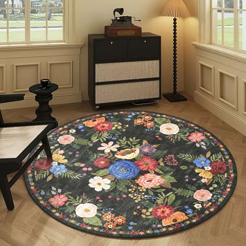 BYBSRLL Runder Teppich 120 cm, Waschbar & Rutschfester Weicher Kurzflor Rund Teppich, Vintage Blumen Boho Muster, für Wohnzimmer, Schlafzimmer, Kinderzimmer, Gastzimmer, Esszimmer, Büro, Schwarz
