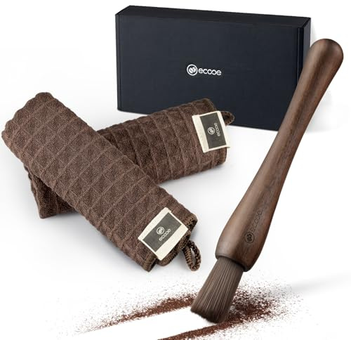 ecooe 2* Barista Tuch + 1* Vegane Barista Pinsel Set | 2 Magische Barista Tücher 30 cm x 30 cm, 1 Stück Vegane Kaffeebürste, Barista Zubehör für Kaffeemühle oder Siebträger