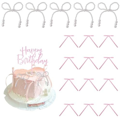 18 Pcs Light Pink Bow Cake Topper,Pink Bows for Cake Bowknot Ribbons Bows Cake Toppers with 1 Happy Birthday Cake Topper,Pink Cake Decorations for Kids Adults Birthday Wedding Party