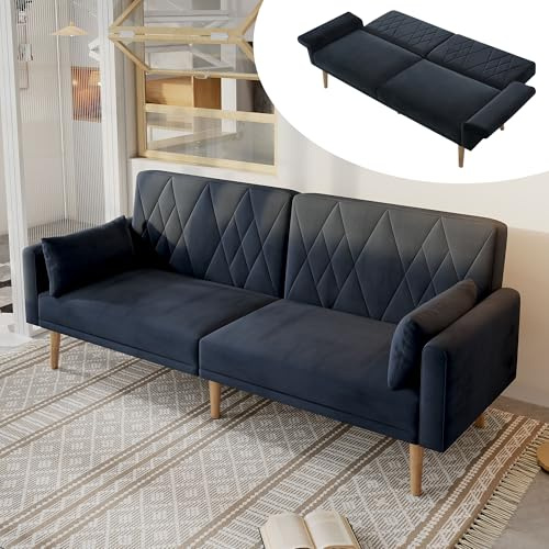 Huayz Klappbares Schlafsofa Couch Sofa mit Schlaffunktion Bettsofa Schlafsofa mit Hilfsfüßen, 205×104cm, mit 2 Kissen,Samtstoff,fürs Wohnzimmer Schlafzimmer Heimkino Gästezimmer