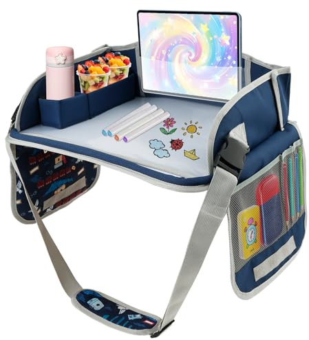 Kinder Reisetisch Kindersitz Spiel Kinder Knietablett Reisetisch Multifunktional Einstellbar Esstisch Spieltisch Autositz für Auto Flugzeuge Park(Marineblau)