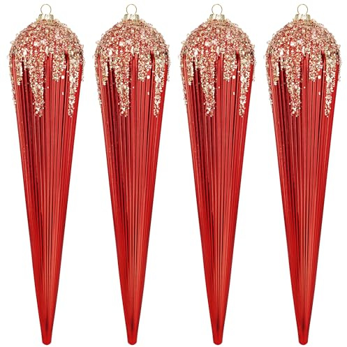KI Store Large Christmas Tree Decorations 30cm 4pcs Red Shatterproof Icicles Decorative Hanging Ornaments for Xmas Tree Decor
