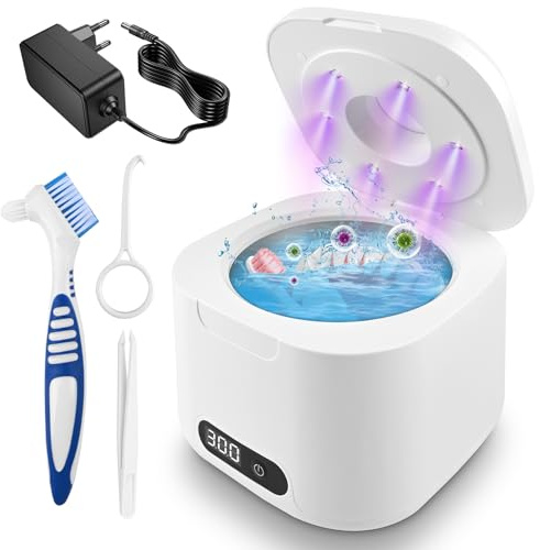 SternSinn Ultraschallreinigungsgerät Zahnschiene, 50000Hz mit 6 UV-Lampen und 340ML Ultrasonic Cleaner Dental Pod, 40W Hohe Leistung, für Zahnersatz, Schmuck, Prothesen, Aligner, Weiß