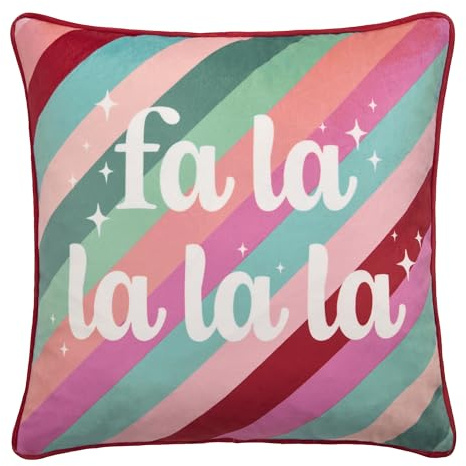 Fusion Velvet Filled Cushion, Fa La La La Rainbow Pattern, Christmas Decor, 1 Count, 43 x 43 cm, Multi-Coloured, 100% Recycled Polyester, Square, Piped Edge