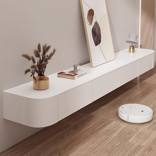Ecoxsnz Wall Mounted TV Stand, 300 cm Floating TV Unit With Door, Entertainment Tv Media Console With Storage Drawers Large Storage tv Bench (White, 300cm)
