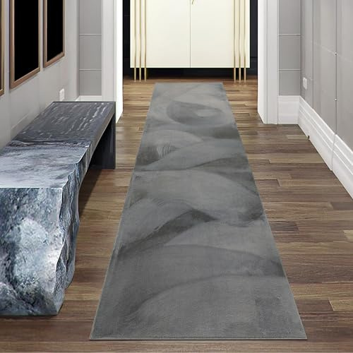 Teppich-Traum Kurzflor Teppich Modern Hasenfell-Optik Anthrazit 80x300 cm | Seidig weich, samtig, pflegeleicht, rutschhemmend, robust, saugrobotergeeignet, OEKO-TEX geprüft, Wohn- & Schlafzimmer