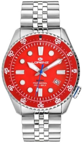 Lorenz Shark V 030255RD - Orologio Sportivo da uomo automatico- Orologio con cinturino in Acciaio Subacqueo Professionale Fino a 200 metri - Box con cinturino in gomma di ricambio
