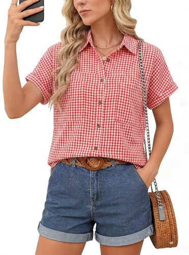 Kistore Womens Gingham Shirt Short Sleeve Button Down Pockets Red Plaid S