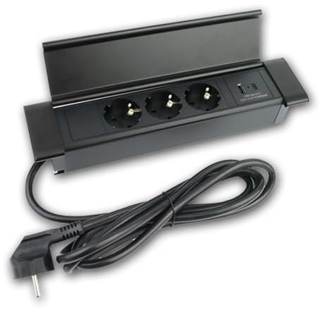 FLATBOX Tisch-Einbausteckdose 3-Fach mit USB-A & USB-C – Flache Einbau-Steckdose aus Aluminium/Kunststoff, 230V, 3600W, 1,8m Kabel, IP20 – für Schreibtisch, Arbeitsplatte & Werkbank