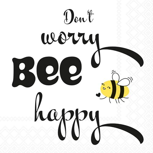 Servietten Papier 33x33cm 3-lagig 20 Stück - hochwertig & nachhaltig - Einweg-Papierservietten mit Schriftzug „Don’t worry Bee happy“– Lunchservietten Tischdeko in Küche Gastronomie Events