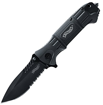 Walther Black Tac Knife TK Einhandmesser mit mattschwarzer Klinge und partiellen Wellenschliff inkl. Glasbrecher