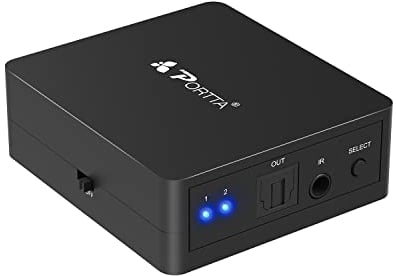 Portta Toslink 2x1 Conmutador Switch SPDIF Digital óptico Audio Switch con Control Remoto - 2 Entradas 1 Salida Transmisión 1: 1 Soporte 5.1CH/LPCM2.0/DTS/Dolby-AC3 para PS3 DVD Amplificador