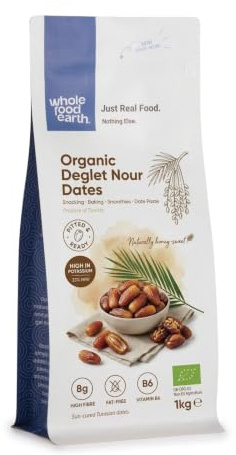 Wholefood Earth Organic Dried Deglet Nour Dates (Pitted) – 1 kg | GMO Free | Raw | Vegan | High Fibre | Certified Organic